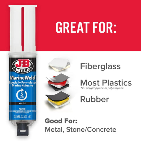 MarineWeld Syringe 25 Ml Dual Component Adhesive Sealant For Waterproof Bonds shown for fiberglass, plastics, and rubber use
