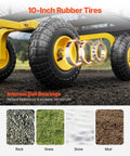 Heavy Duty Steel Garden Cart With Ten Inch All Terrain Tires On Wheels close-up, showing durability on various terrains.