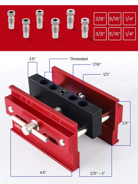 Self Centering Doweling Jig Kit With 6 Drill Guide Bushings For Precise Straight Holes, red aluminum sides, 40CR plate, dimensions labeled