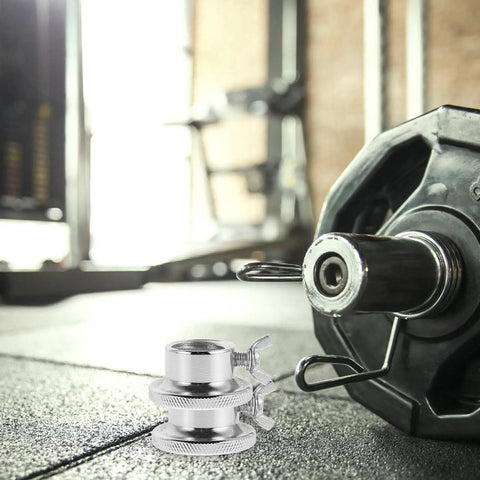 2 Pack Barbell Collar Screw Clamps No Slip Dumbbell Weight Clamps Steel Lock Nuts on a barbell in a home gym setting