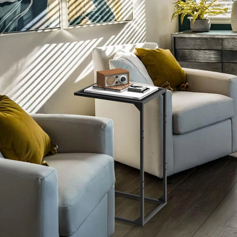 Set Of 2 C Shaped End Tables That Slide Under The Sofa For Easy Laptop Work Or Snack And Drink Tray Space Saving Black