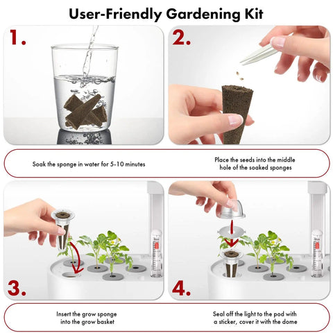 Instructions for using Hydroponic Seed Kit For Strawberry And Tomato Growing Systems With 350 Germinating Seeds Red Cherry Tomato Golden Cherry Tomato White Strawberry And Red Strawberry Includes Seven Pods Baskets Domes Stickers And Plant Food