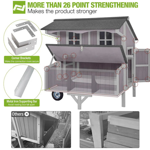 Portable Wooden Chicken Coop On Wheels For Backyard Flock Of 6 With 3 Perches And 3 Nesting Boxes, Spacious 11.5 Sq Ft Living Area