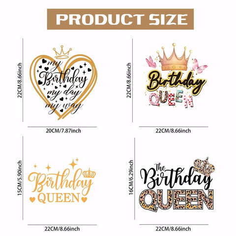Birthday Queen Iron On Transfer Kit With 4 Styles Washable Heat Transfers sizes for DIY T Shirts Hoodies Jackets DTF Ready