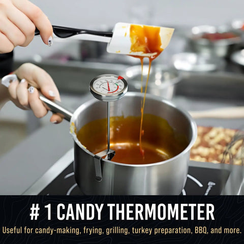 Candy Thermometer With Pot Clip For Deep Frying And Candy Making, Fast Accurate Readings, white thermometer in use with pot