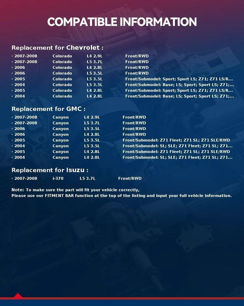 Compatible information for heavy duty front wheel hub and bearing assembly for Chevy Colorado and GMC Canyon RWD trucks.
