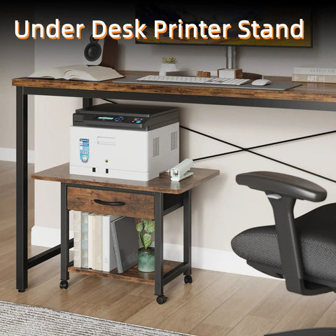 Large Printer Stand With Storage Drawer And Two Tier Under Desk Table For Home Office Fits Fax Machine 3D Printer And Scanner