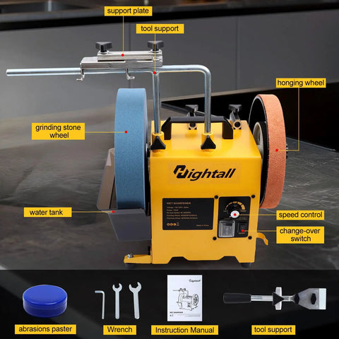 Dual Wheel Knife Sharpening System With 10 Inch 220 Grit Wheel And 8 Inch Leather Honing Wheel, Pro Grade Variable Speed Wet Bench Grinder