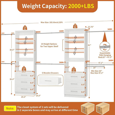 Dimensions and features of Two Set Closet System With 6 Drawers, 8 Expandable Hanging Rods And Adjustable Shelves, Modular Wood Organizer Tower For Walk In Closets, Custom 5 To 14 Ft Closet Organizer White Finish.