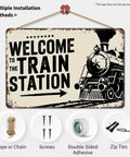 Train Station Steam Locomotive Metal Sign 8x12 Inch Vintage Retro Wall Decor, heavy-gauge steel, installation options visible