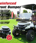 Six Seater Electric Golf Cart With 60V 105Ah Battery And Advanced Suspension front bumper, heavy-duty, rust-resistant, on grass.