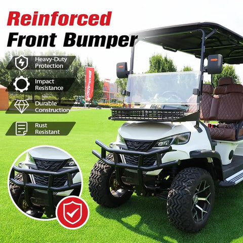 Six Seater Electric Golf Cart With 60V 105Ah Battery And Advanced Suspension front bumper, heavy-duty, rust-resistant, on grass.