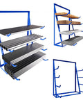 Rock Solid Alloy Steel Lumber Storage Rack And Pipe Shelf With 1000 Lbs Capacity For Garage Workshop Gear Organization, blue steel frame with multiple shelves.