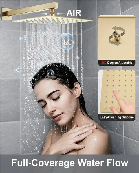 Big Splash 12 Inch Brushed Gold Shower System With Square Rainfall Head And Handy Handheld Sprayer Delivering Killer High Pressure Water Flow Even In Weak Lines Because It Just Hits Different
