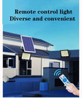 JUDYSSY Solar Flood Light60W100W200W, remote-controlled solar light with a solar panel installed on a building.