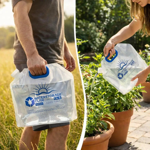 Person using Premium Collapsible Water Container Bag for camping and hiking BPA free food grade clear plastic jug outdoors