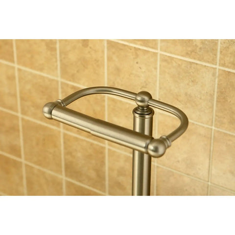 Upgrade Your Bathroom With This Classic Freestanding Pedestal Toilet Paper Holder In Brushed Nickel Featuring A Sturdy Seven And Half Inch Diameter Base And Six Inch Rod For Simple No Tools Needed Assembly. Close-up of the top handle against a tiled wall.