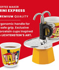 Mini Express Pop Art Series Moka Pot Coffee Maker Set For Two With Dual Glass Shot Cups Vibrant Yellow Aluminum on display.