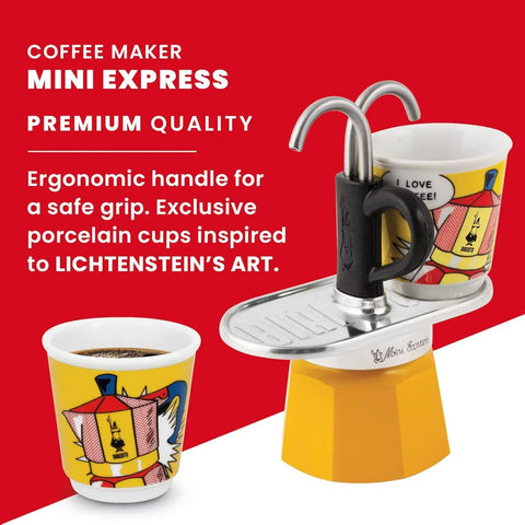 Mini Express Pop Art Series Moka Pot Coffee Maker Set For Two With Dual Glass Shot Cups Vibrant Yellow Aluminum on display.