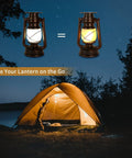 Camping scene with Outdoor Solar Lanterns With Flicker Flame LED, tent setup, and glowing lantern illuminating the area at night.