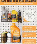 Four Pack Pegboard Baskets Set With Four Sizes S M L XL Black Metal Wire Bins For Pegboard Storage And Garage Organization On Workbenches And Walls Heavy Duty Bins That Hold Up To 30 Lbs Each holding various bottles and tools on a pegboard.
