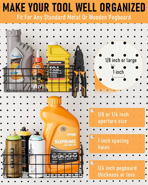 Four Pack Pegboard Baskets Set With Four Sizes S M L XL Black Metal Wire Bins For Pegboard Storage And Garage Organization On Workbenches And Walls Heavy Duty Bins That Hold Up To 30 Lbs Each holding various bottles and tools on a pegboard.