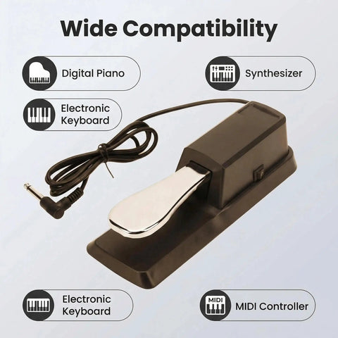Sustain Foot Pedal For Keyboards And Digital Pianos With Polarity Switch Quarter Inch Input Plug Durable ABS Plastic And Alloy Shell, shown with cord and plug.