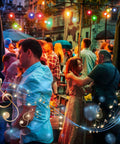 People dancing under colorful Outdoor String Lights For Patio And Backyard 48 Feet RGBW LED Bulb Set at a lively evening event.