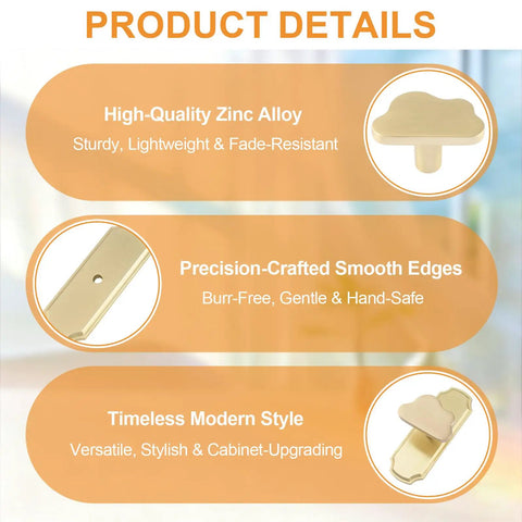 Gold Cloud Shaped Cabinet Knobs in zinc alloy detail with backplates for cabinets, drawers, and doors, smooth and modern style.