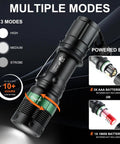 Black flashlight with multiple modes, high medium strobe options highlighted, powered by 3 AAA or 18650 battery, 10+ hours runtime