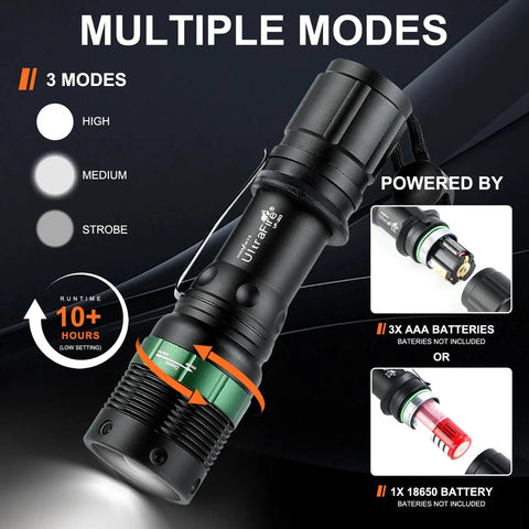 Black flashlight with multiple modes, high medium strobe options highlighted, powered by 3 AAA or 18650 battery, 10+ hours runtime