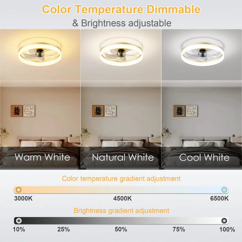 Low Profile Ceiling Fan With Light Flush Mount 6 Speed Reversible Silent Operation Remote And App Control in warm, natural, and cool white light settings.
