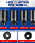 Half Inch Drive Deep Spindle Axle Nut Impact Socket Set, 12 Point Metric, 30mm 32mm 34mm 36mm, CR-MO, 4 Piece Heavy Duty Socket