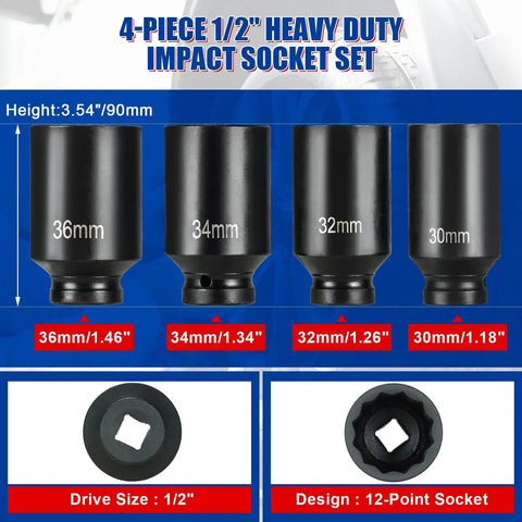 Half Inch Drive Deep Spindle Axle Nut Impact Socket Set, 12 Point Metric, 30mm 32mm 34mm 36mm, CR-MO, 4 Piece Heavy Duty Socket