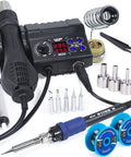 All In One Pro Grade Soldering Iron Station And Hot Air Rework System With Precision Temperature Control, Includes Solder Wire Spool, Five Tips, Three Hot Air Nozzles, Brass Wool Cleaner, Tweezers And Desoldering Pump displayed on white background