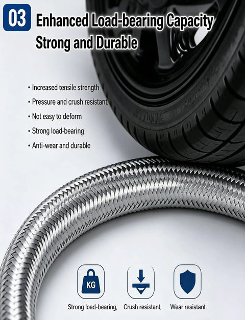 Built Tough Stainless Steel Flexible Conduit For Electrical Wiring And Hassle Free Cable Routing Featuring Heat Resistant Braided Armor close-up with tire.