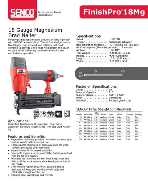 FinishPro 18MG 18-Gauge Brad Nailer Two And One Eighth Inch Magnesium Body displayed on product info sheet