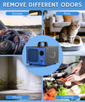 High Capacity Ozone Generator For Odor Elimination In Homes, Cars, And Pets Up To 2000 Sq Ft, shown erasing smoke, pet, musty, and cooking odors.