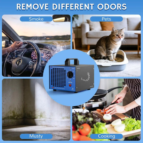 High Capacity Ozone Generator For Odor Elimination In Homes, Cars, And Pets Up To 2000 Sq Ft, shown erasing smoke, pet, musty, and cooking odors.