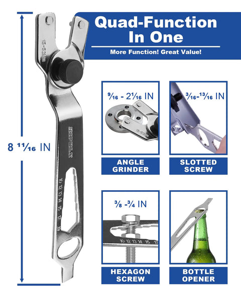 Front view of 4 In 1 Adjustable Wrench And Bottle Opener Tool For Grinders, Multi Function Pin Spanner, Durable Nickel Plated Steel