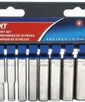 Ten Piece One Quarter Inch Drive Deep Metric Socket Set With Six Point Sockets Heavy Duty Chrome Vanadium Build Nickel Chrome Finish Rust Resistant And Easy Wipe Clean For Pros And DIYers displayed in packaging.