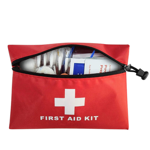 Front view of red zippered mini first aid kit pouch with white cross emblem; contents visible.