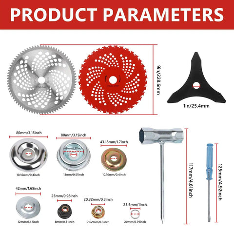 Pro Grade Heavy Duty Trimmer Head Kit With 10 Inch 3 Tooth Carbon Steel Blades, 9 Inch 36 Tooth Carbide Tipped Blades illustrated