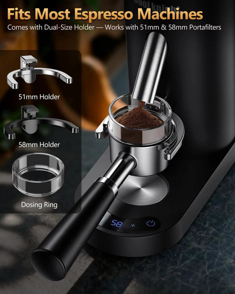 No Fuss Portable Rechargeable Conical Burr Coffee Grinder With 60 Precision Settings And Usb C Quick Charge Battery Powered Espresso Grinder With Bellows Hopper For Straight Up Fresh Cup Joy features 51mm and 58mm holders.