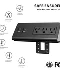 Totally Slick Two Pack Desk Edge Mount Power Strip With Four USB Ports And Three AC Outlets For Home Office Computer Setup Featuring Fast Smart Charging Tech And Reliable Surge Protection In Black, angled view showing ports and safety features.