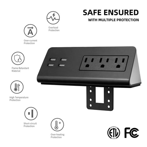Totally Slick Two Pack Desk Edge Mount Power Strip With Four USB Ports And Three AC Outlets For Home Office Computer Setup Featuring Fast Smart Charging Tech And Reliable Surge Protection In Black, angled view showing ports and safety features.