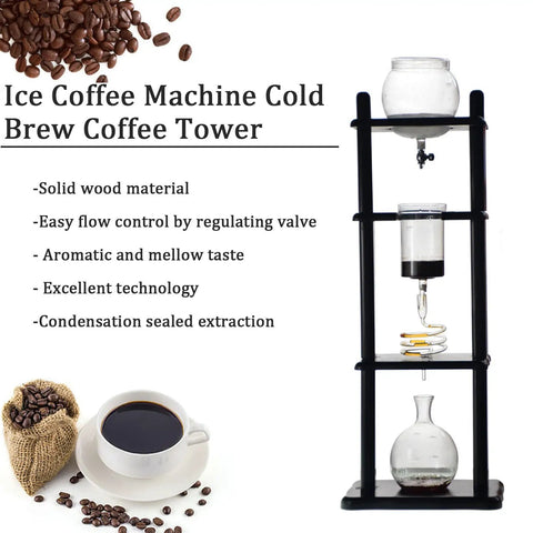 Retro Wood And Glass Ice Drip Coffee Maker Pulls Straight Fire Cold Brew Slowly For That Top Shelf Morning Kick With Large 1000 ML Tank For Easy Sipping in a coffee tower design.