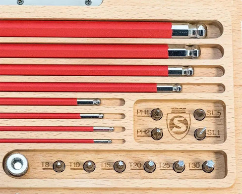 Long Hex Key Set With Magnetic Quarter Inch Driver, Extra Long S-2 Steel Allen Wrenches In 2 2.5 3 4 5 6 8 10mm With Textured Non Slip Grips in wood case