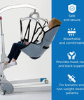 Patient Aid Padded U Slings With Head Support For Hoyer Lifts Soft Polyester Fabric showing a patient in a grey sling.