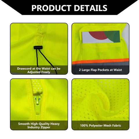 Womens High Visibility Safety Vest Featuring Hella Breathable Mesh Fabric Adjustable Waist Belt Multiple Storage Pockets Smooth Zipper detailed view of drawcord and pockets.